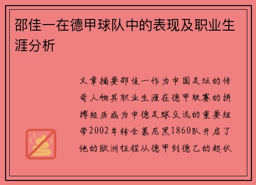 邵佳一在德甲球队中的表现及职业生涯分析